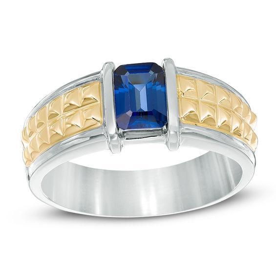 Men's Octagonal Lab-Created Blue Sapphire Band in 10K Two-Tone Gold Product Image