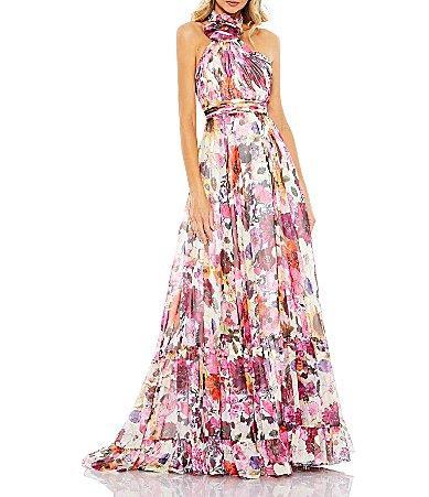 Mac Duggal Floral Halter Neck Rosette Sleeveless Gown Product Image