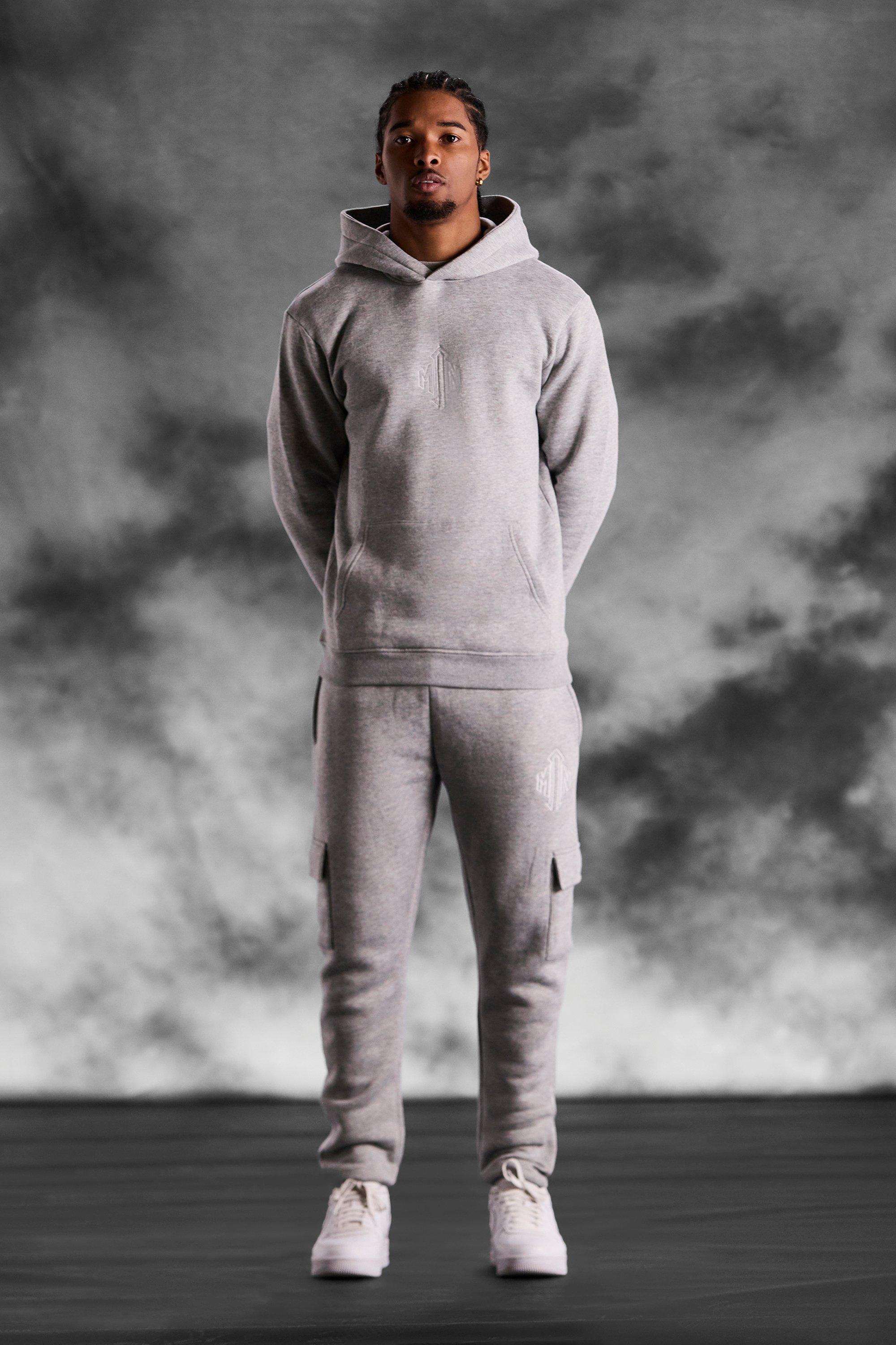 Mens Grey Slim Fit Cargo Hooded Tracksuit, Grey Product Image