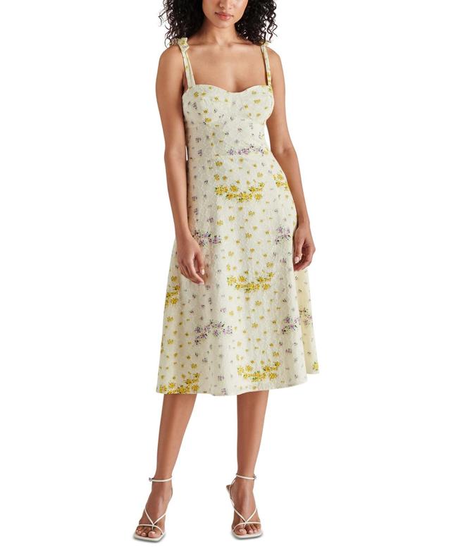 Steve Madden Womens Carlynn Floral-Print Pointelle Bow-Sleeve Smocked-Back Dress Product Image