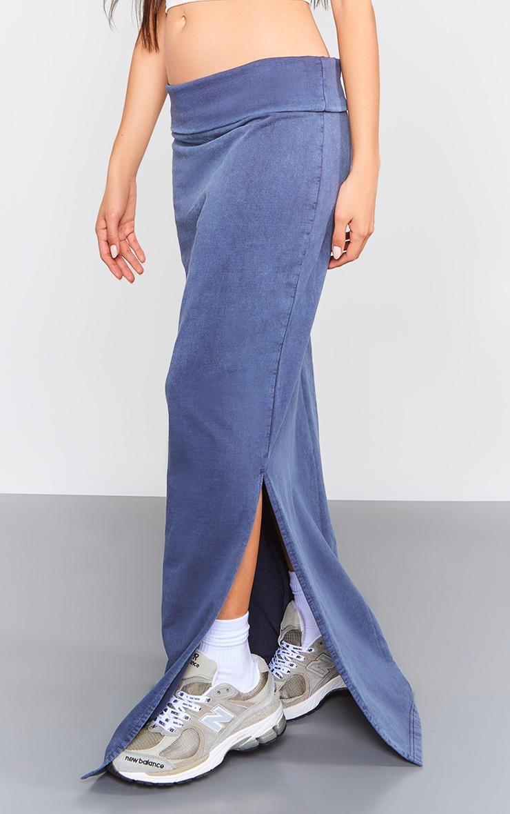 Blue Acid Wash Cotton Fold Over Maxi Skirt Product Image