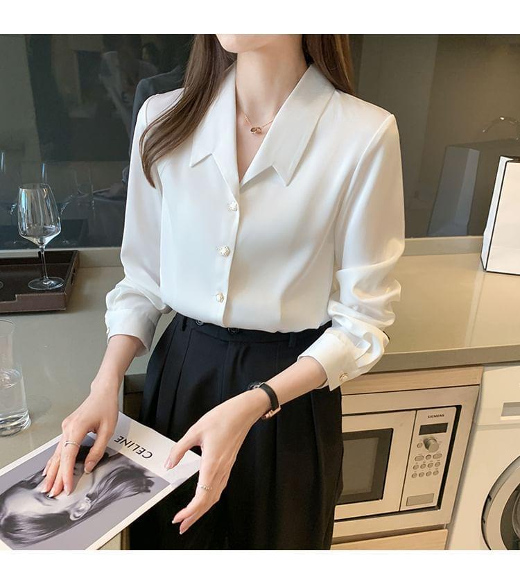 Long-Sleeve V-Neck Plain Shirt Product Image