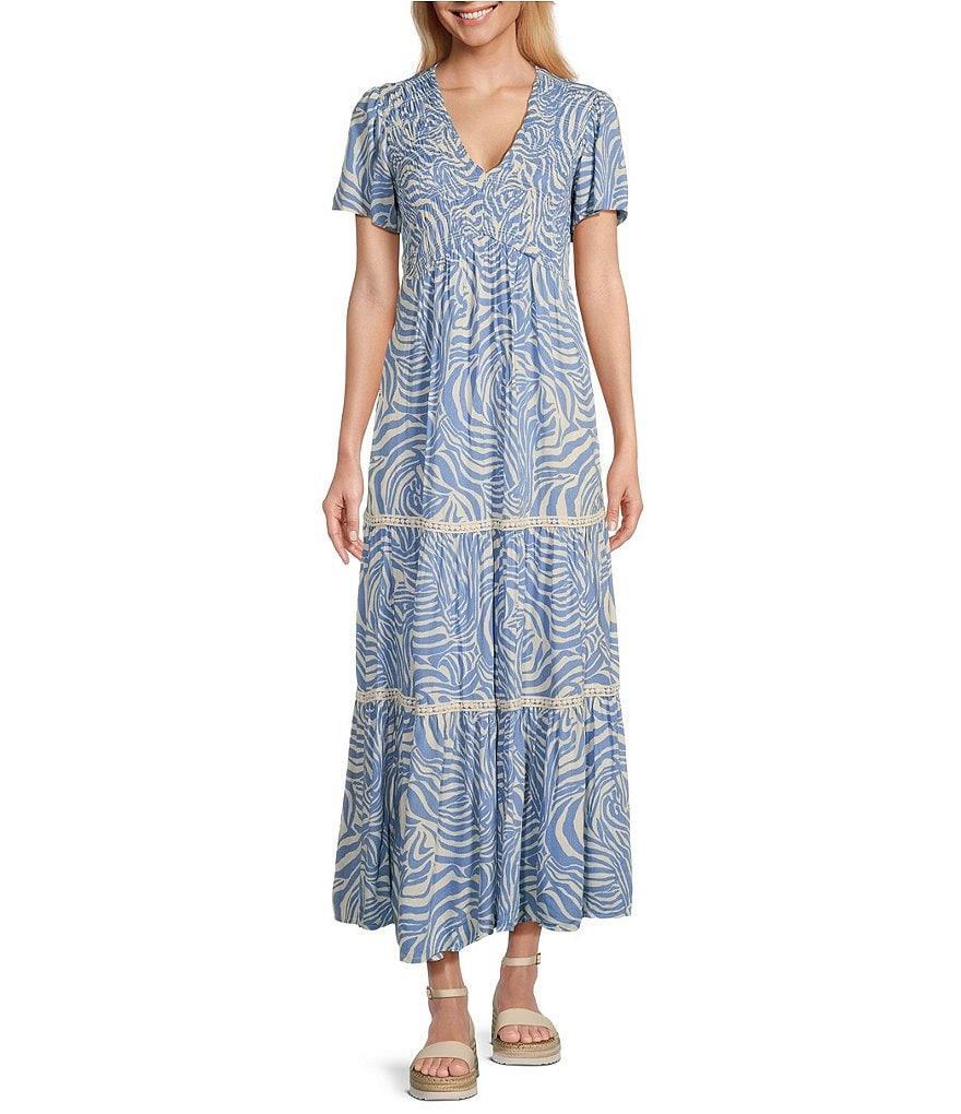 Nurture by Westbound Tiered Short Sleeve Smocked Abstract Maxi Dress Product Image