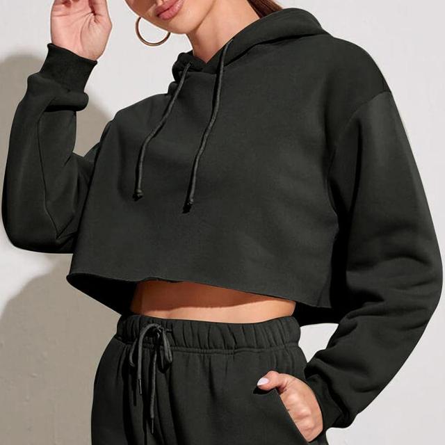 Drop Shoulder Drawstring Plain Cropped Hoodie Product Image