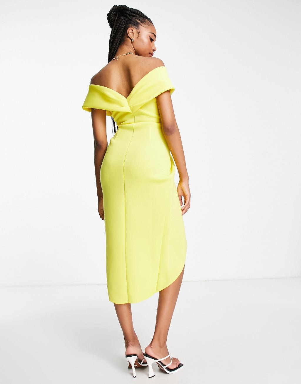 ASOS DESIGN Tall off shoulder twist front wrap midi pencil dress in lemon Product Image