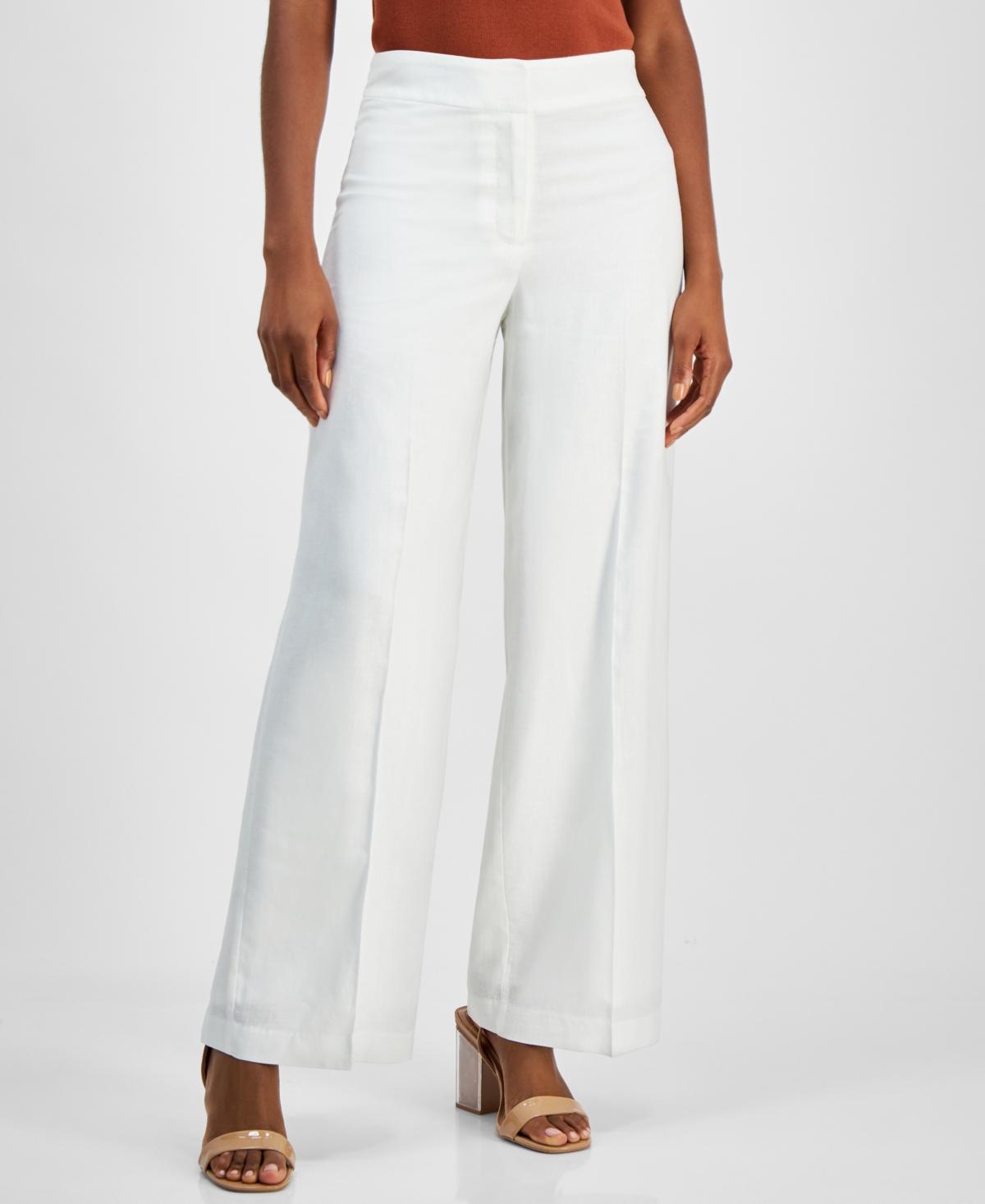 Women's Solid Wide-Leg Mid-Rise Linen Pants Product Image