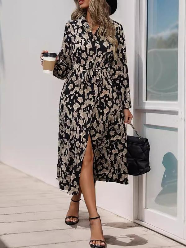 Long Sleeves Loose Printed Split-Joint Tied Waist Lapel Midi Dresses Shirt Dress Product Image