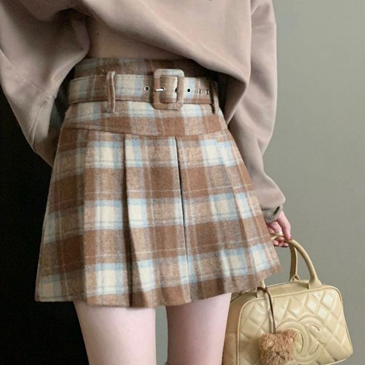 Set: High Waist Plaid Pleated Mini A-Line Skirt + Belt Product Image