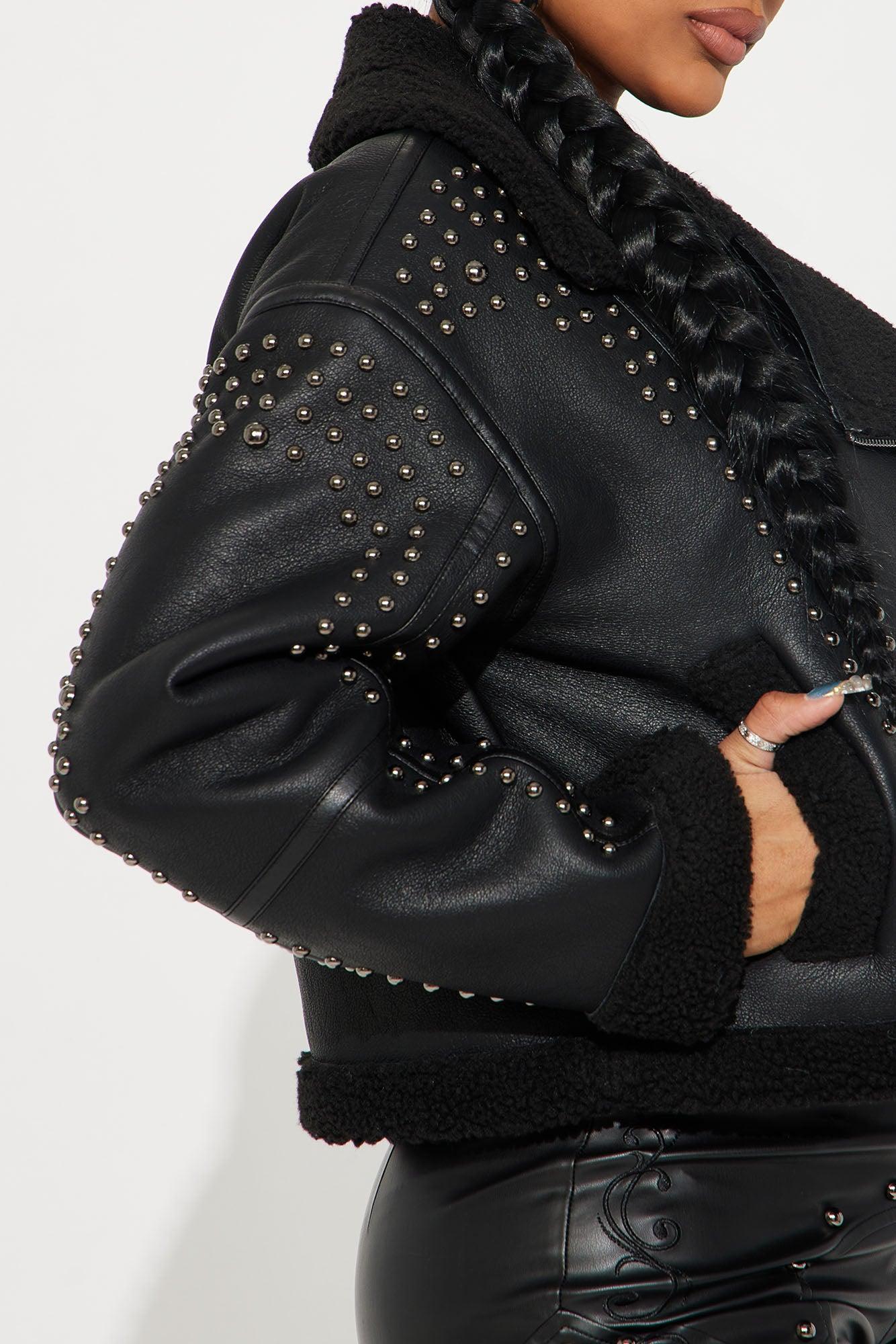 Star Studded Faux Leather Jacket - Black Product Image