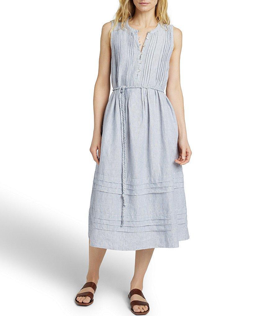 Faherty Isha Striped Crew Neck Sleeveless Tie Waist Midi Dress Product Image