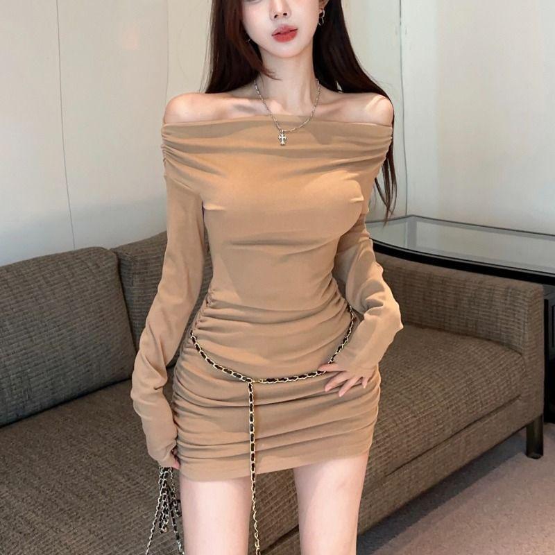 Long Sleeve Off Shoulder Plain Ruched Mini Sheath Dress Product Image