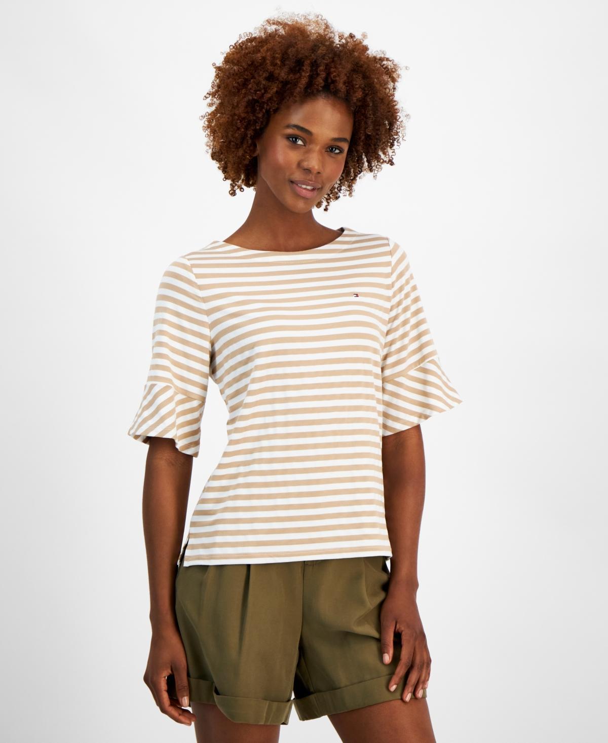 Tommy Hilfiger Striped Top With Flare Sleeve (Tannin Multi) Women's Clothing Product Image