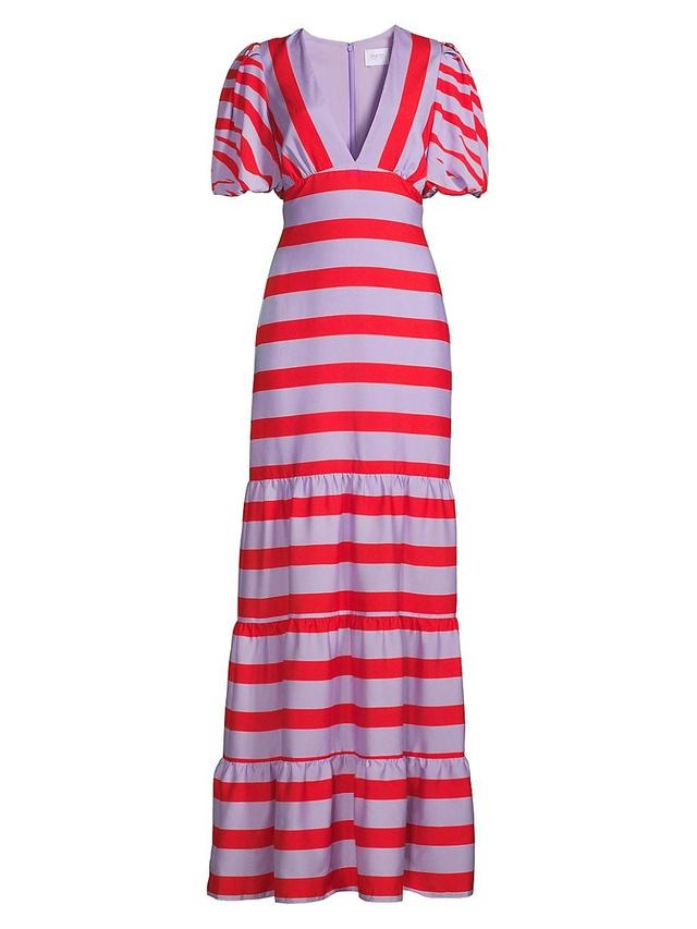 Womens Tiered Stripe V-Neck Maxi Dress Product Image