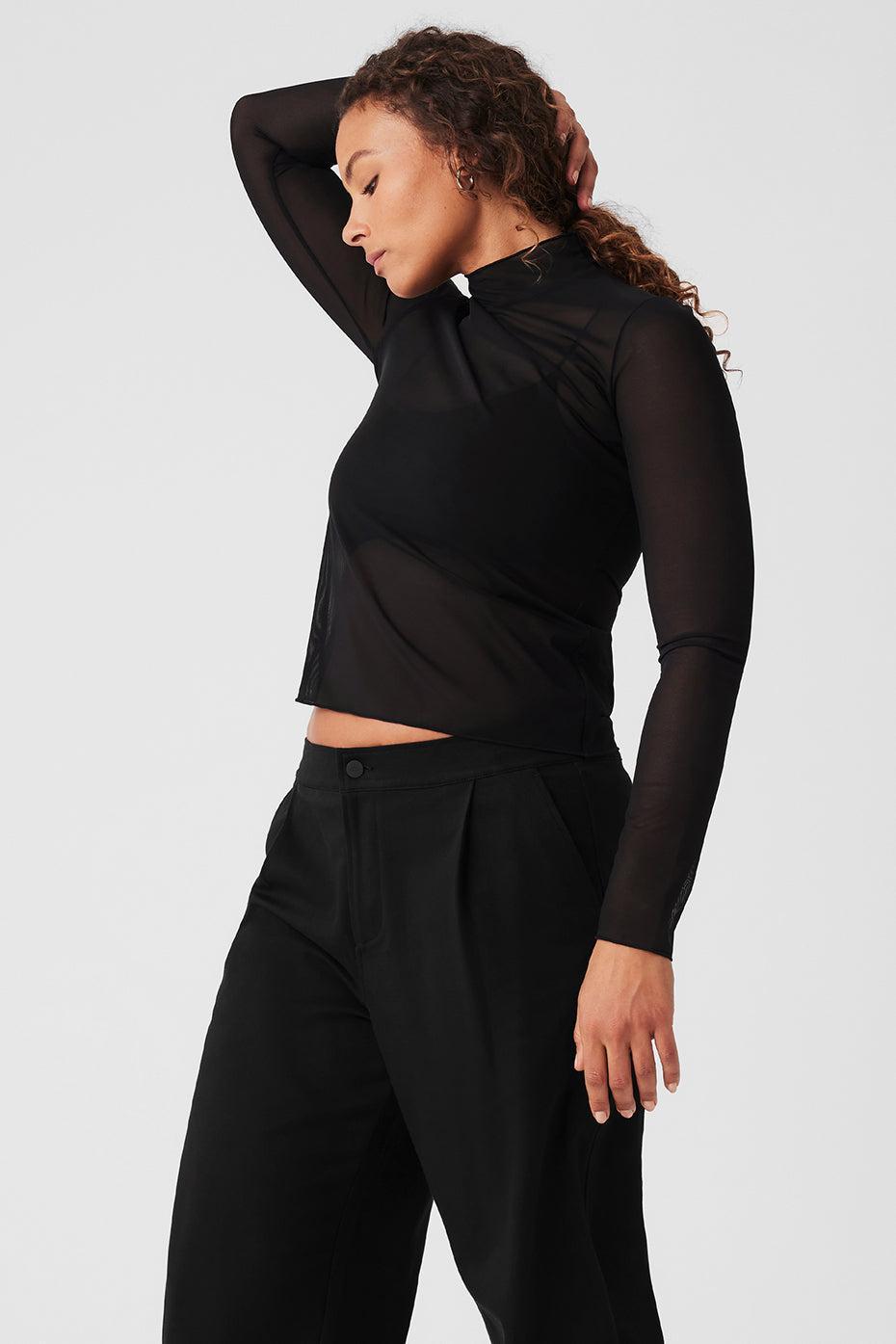 Mesh Sheer Illusion Mock Neck Long Sleeve - Black Product Image