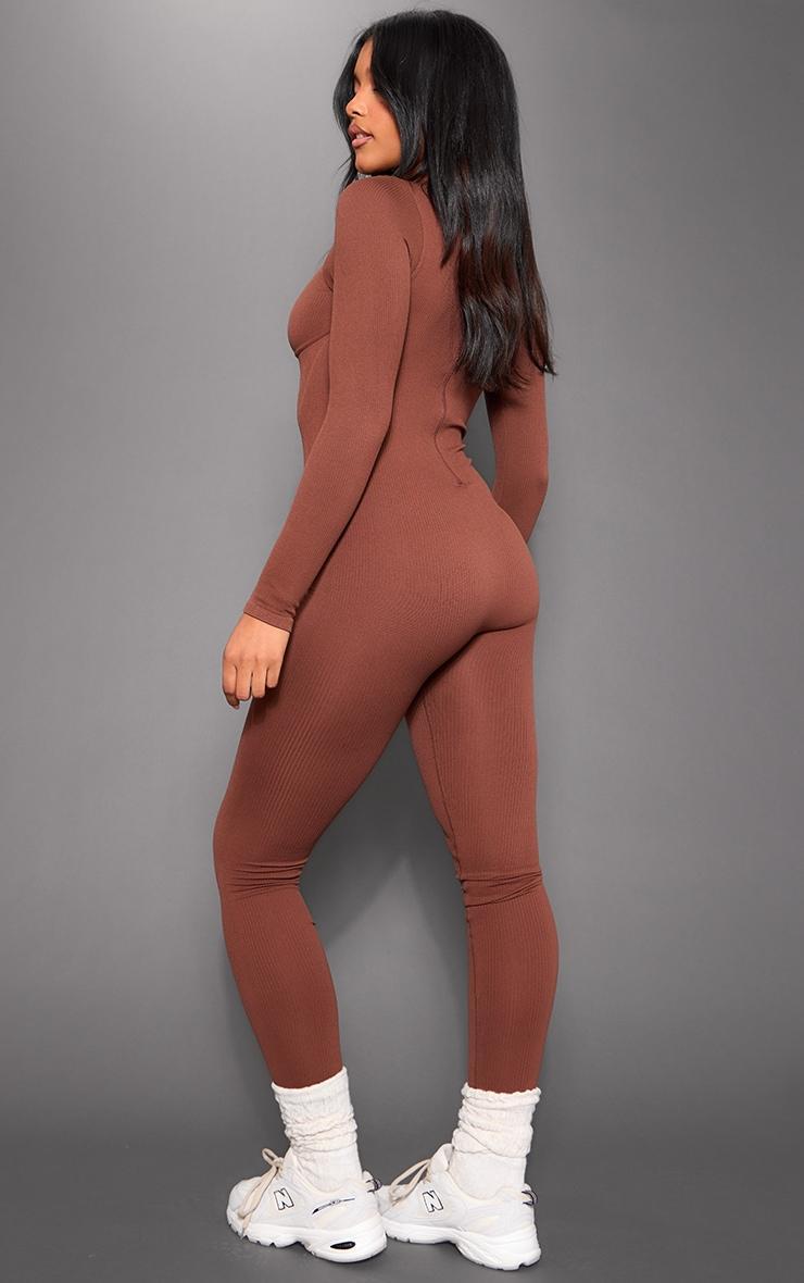 Chocolate Snatched Rib Long Sleeve Corset Detail Jumpsuit Product Image