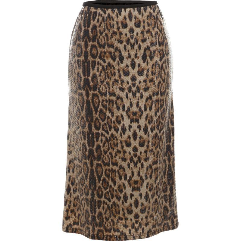 High Waist Leopard Print Sequin Midi Pencil Skirt Product Image