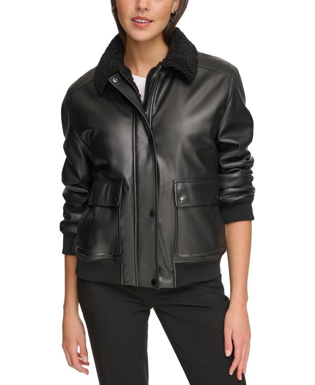 Calvin Klein Womens Faux-Fur-Collar Faux-Leather Bomber Coat Product Image