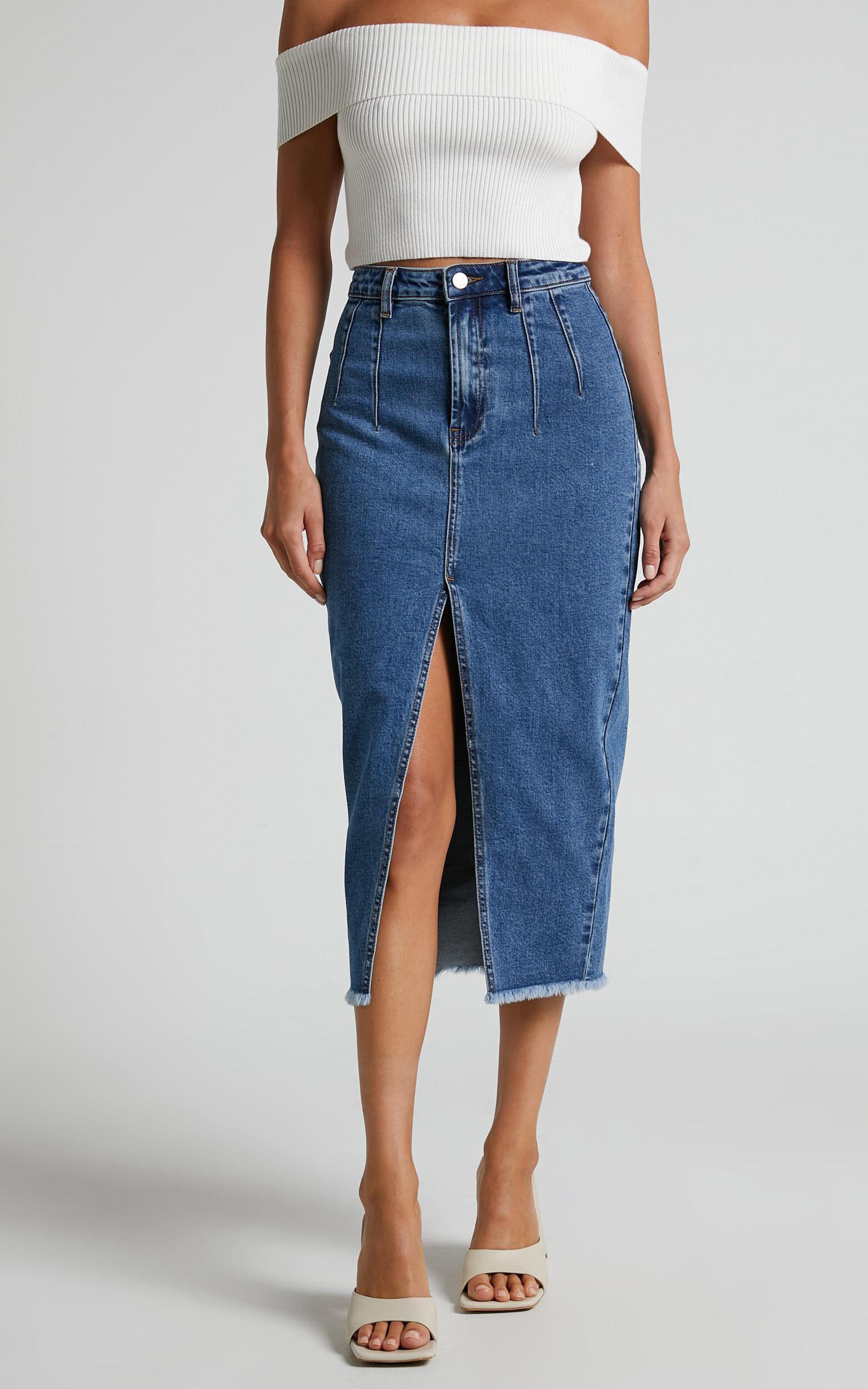 Janeve Midi Skirt - Front Split Denim Skirt in Dark Blue Product Image