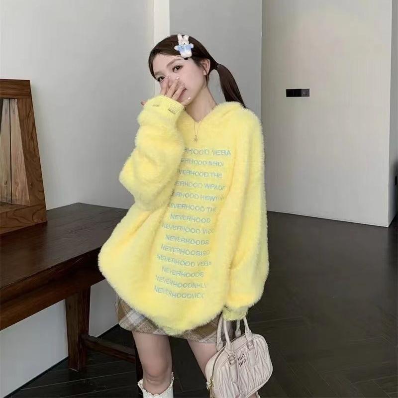 Lettering Print Fluffy Distressed Oversized Knit Hoodie Product Image