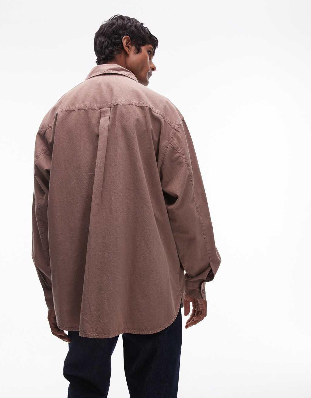 Topman long sleeve oversized shirt in washed brown Product Image