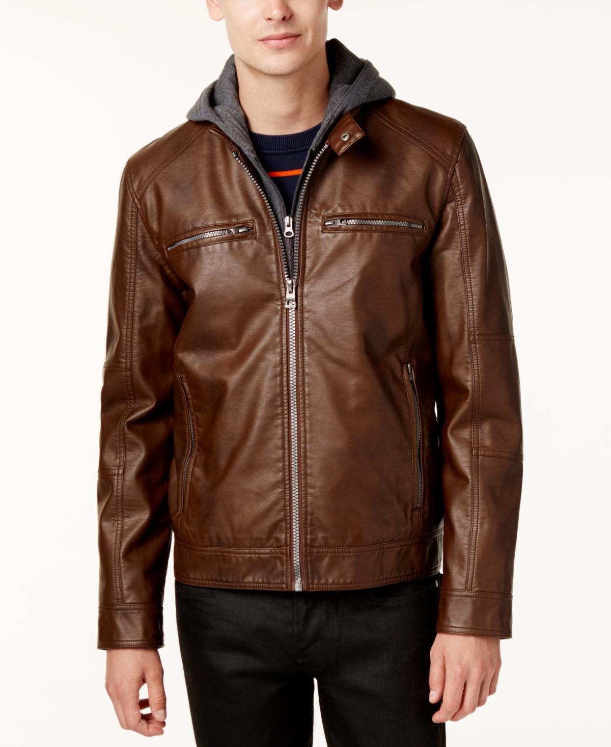 Guess Mens Faux-Leather Detachable-Hood Motorcycle Jacket Product Image