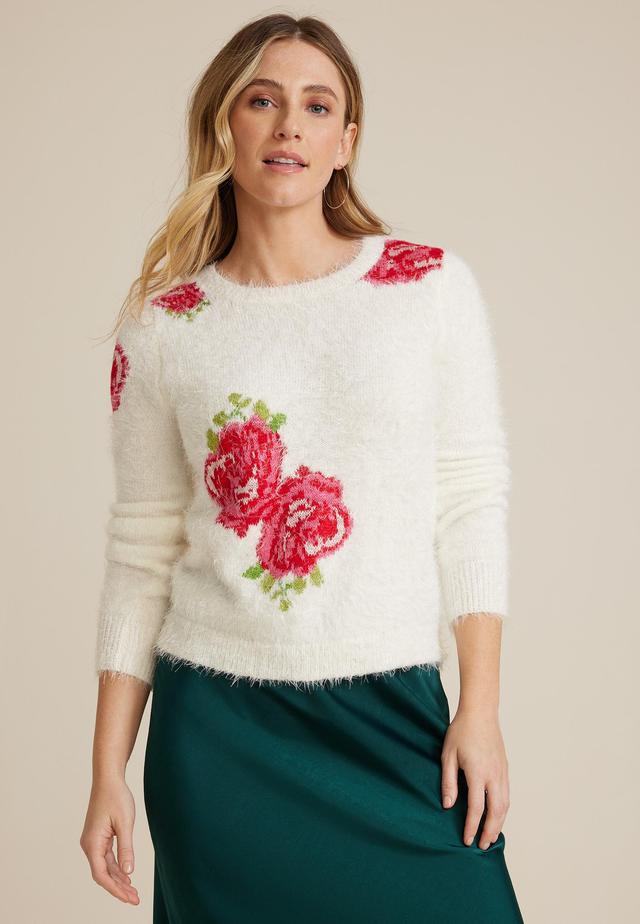 Maurices Womens Floral Eyelash Crew Neck Sweater White Size XX Large Product Image