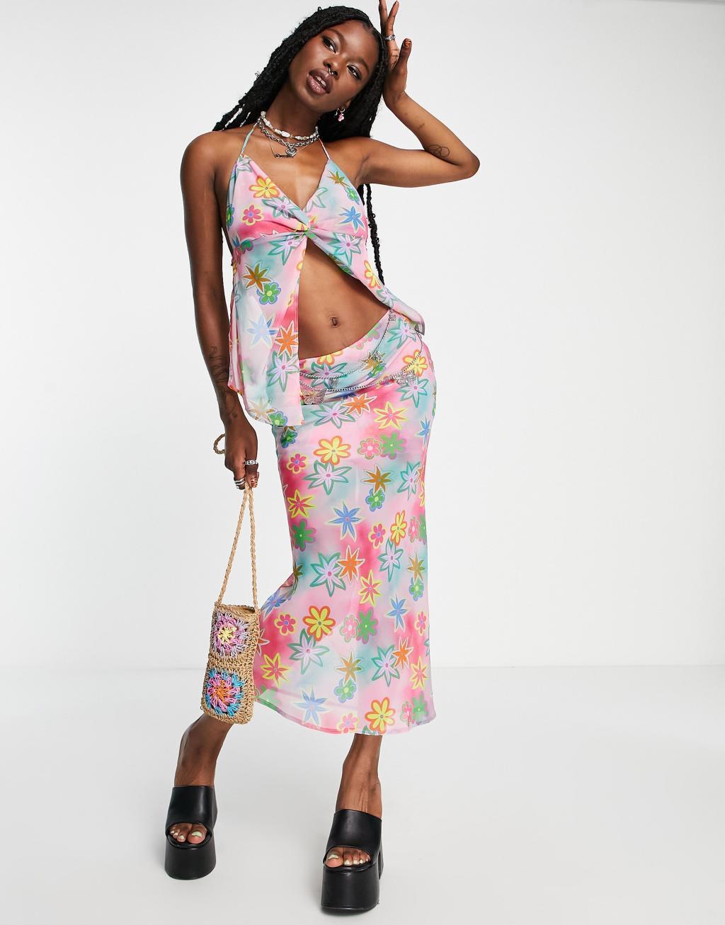 COLLUSION floral printed midi skirt in pink Product Image