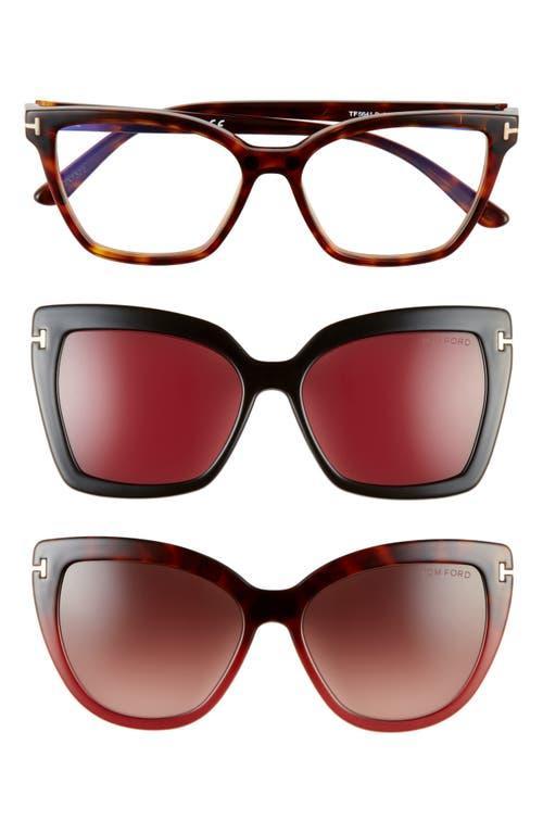 TOM FORD 53mm Blue Light Blocking Cat Eye Glasses & Interchangeable Sunglasses Clips Set Product Image