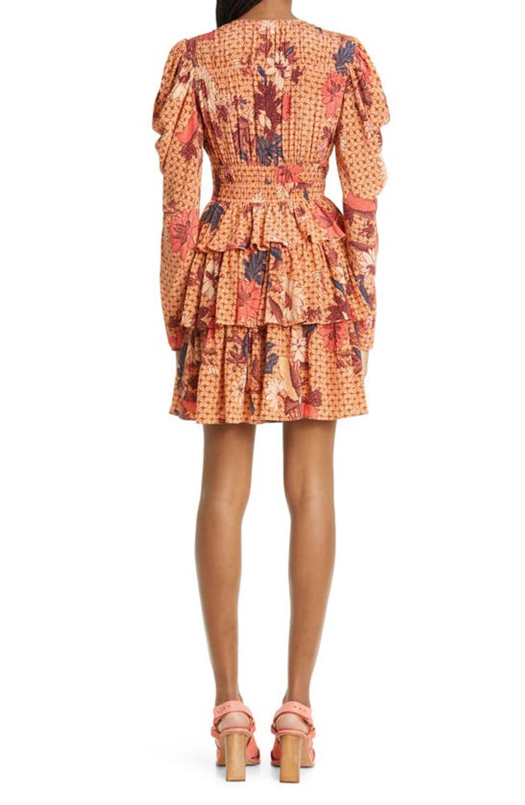 Oni Tiered Ruffle Printed Mini Dress In Orange Product Image