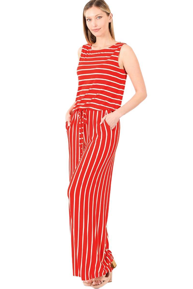 Red And Ivory Striped Jumpsuit Product Image