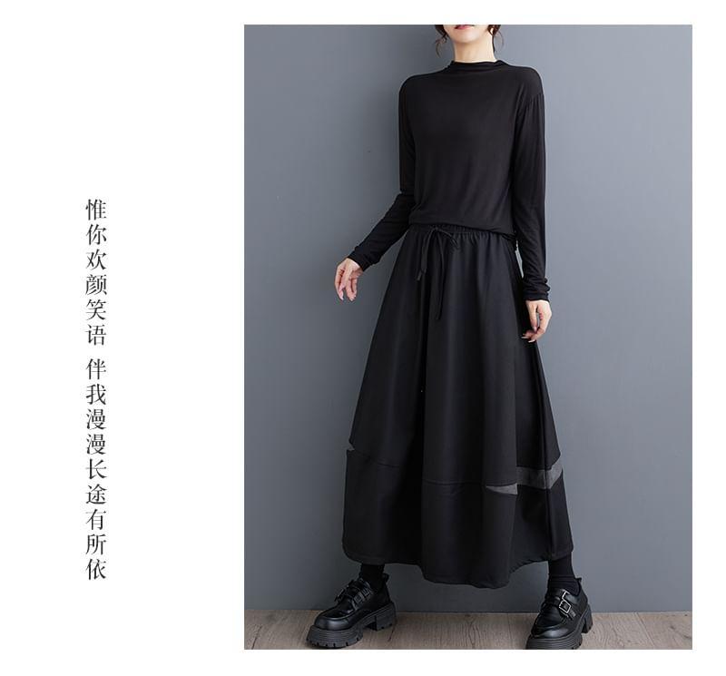 Drawstring Waist Two Tone Midi A-Line Skirt Product Image