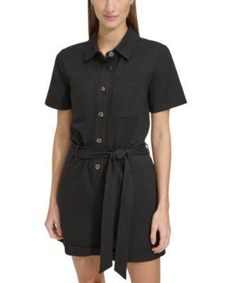 Andrew Marc Sport Womens Button-Front Tie-Waist Twill Romper Product Image