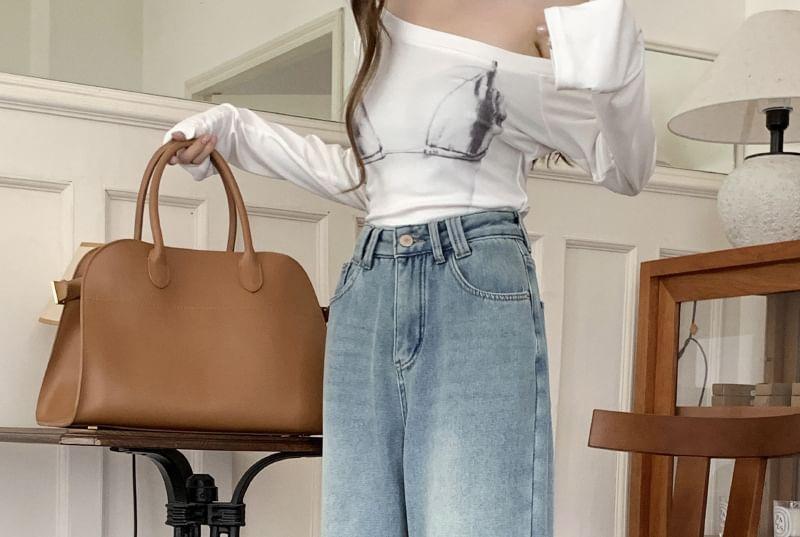 High Waist Fleece-Lined Washed Wide Leg Jeans Product Image