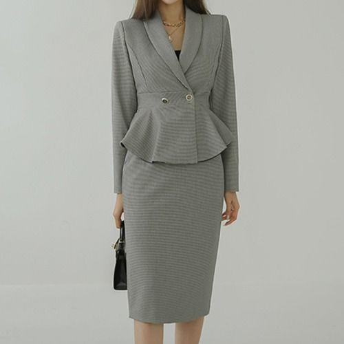 Set: Plaid Ruffle Hem Blazer + Midi Pencil Skirt Product Image