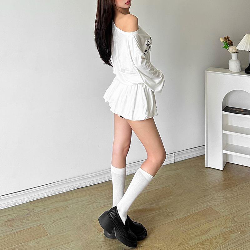 Long-Sleeve Off-Shoulder Lettering Print Striped Trim Drawstring Waist Mini A-Line Dress Product Image