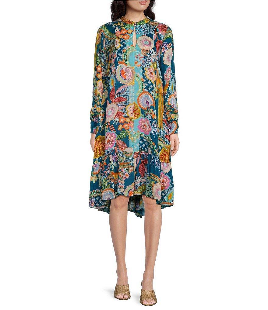 JOHNNY WAS Wild Imana Floral Print Split Round Neck Long Sleeve Midi Shift Dress Product Image