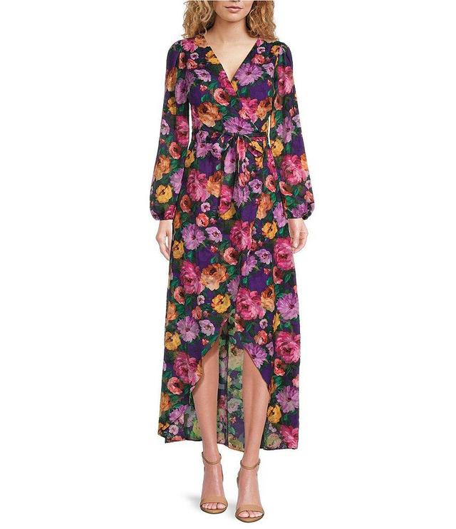 SIENA Floral Print Burnout Chiffon V-Neck Long Sleeve Faux Wrap Tie Waist Tulip Hem Midi Dress Product Image