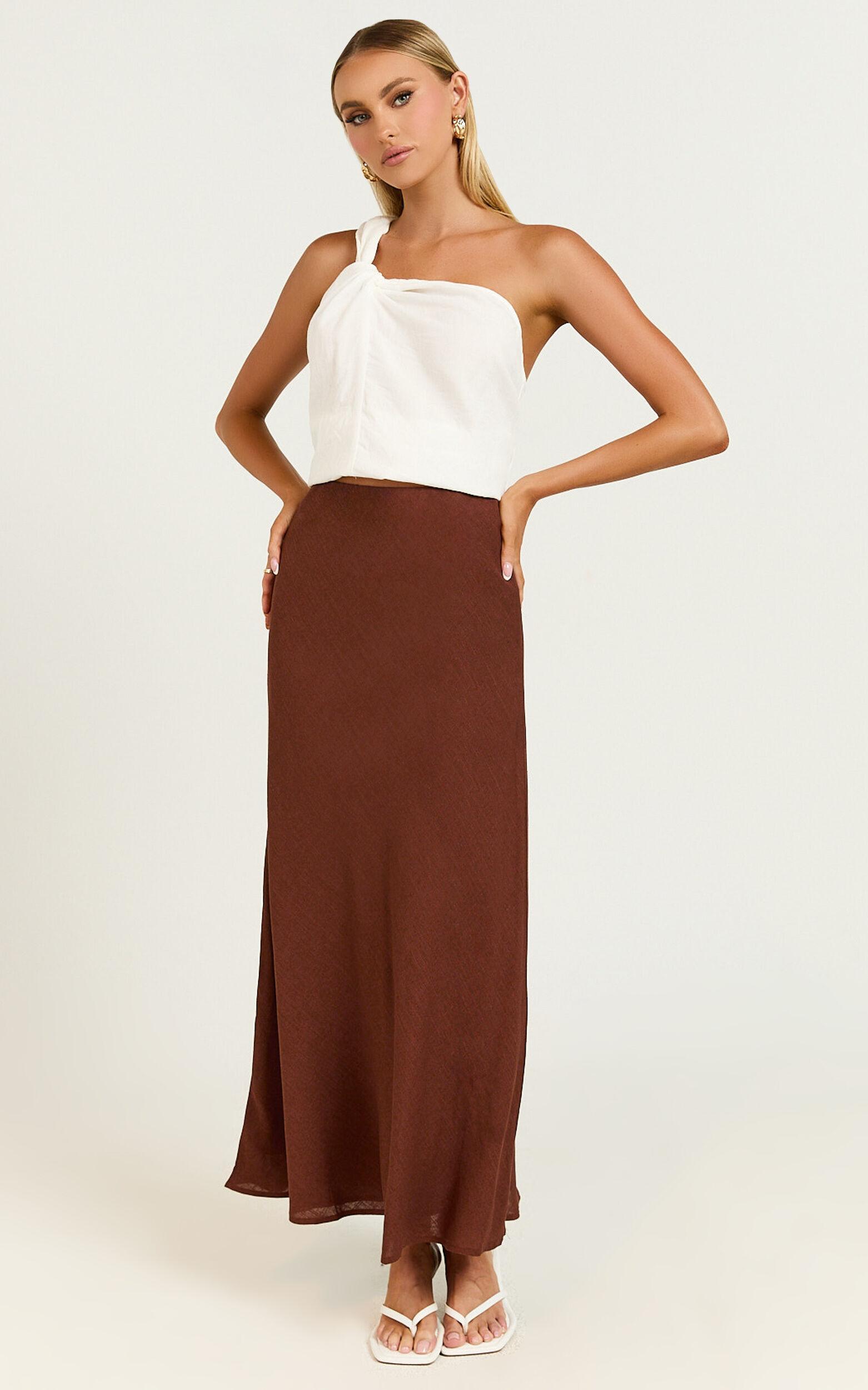 Collins Midi Skirt - Linen Look High Waisted Linen Look Bias Slip Skirt in Chocolate Product Image