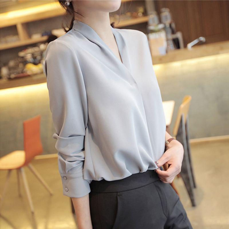 Long-Sleeve V-Neck Plain Blouse Product Image