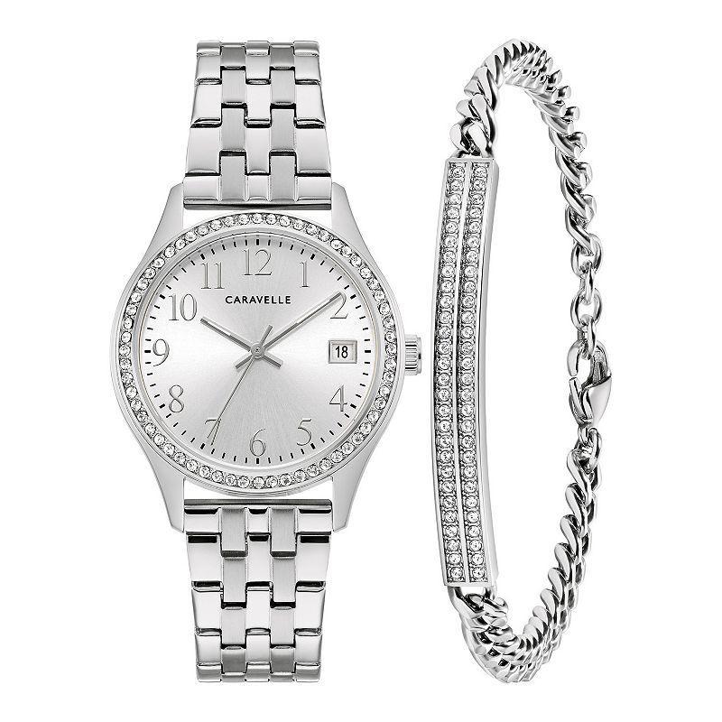 Caravelle by Bulova Womens Crystal Accented Gold Tone Stainless Steel Watch & Crystal Bracelet Box Set Product Image