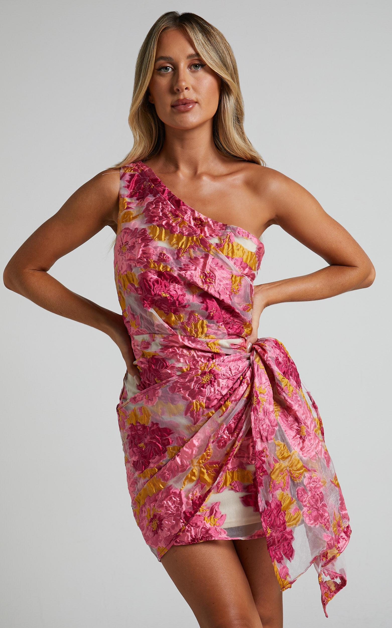 Kailey Mini Dress - One Shoulder Wrap Front Dress in Pink & Beige Jacquard Product Image