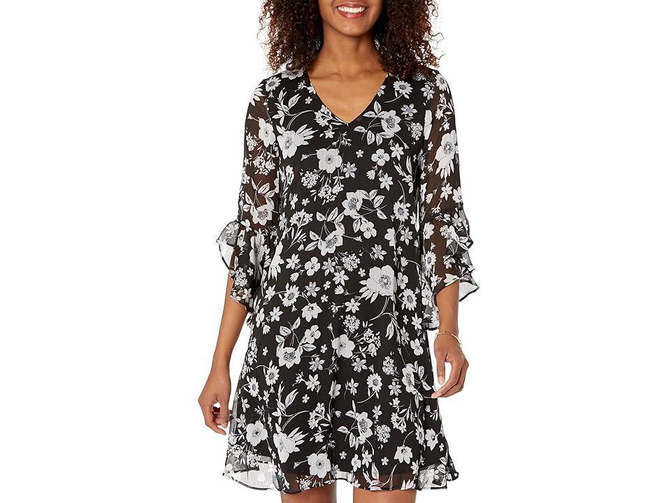 Calvin Klein Chiffon Print Bell Sleeve Dress Cream) Women's Dress Product Image