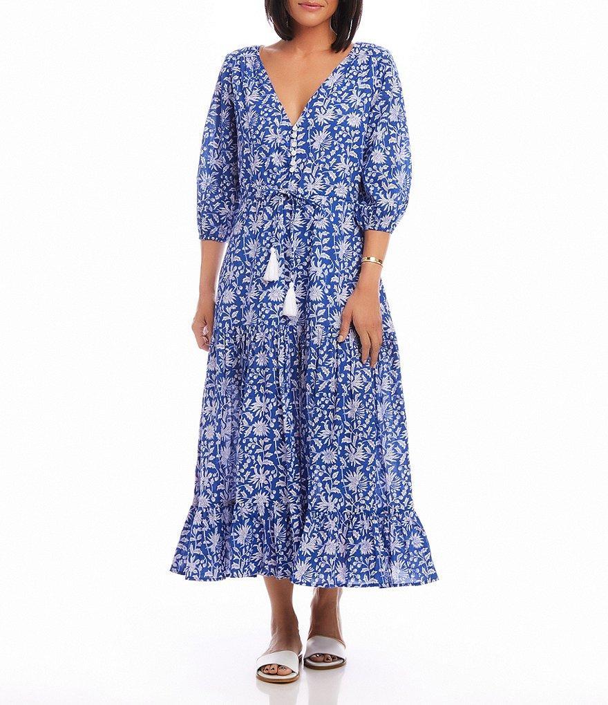 Karen Kane Printed V-Neck Puff Sleeves Drawstring Tassel Tiered Midi Dress Product Image