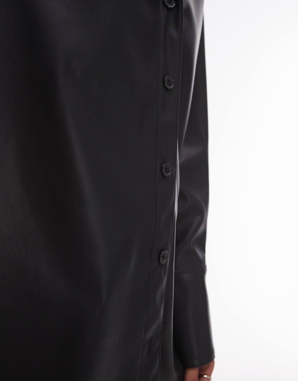 Topshop oversized faux leather shirt in black Product Image