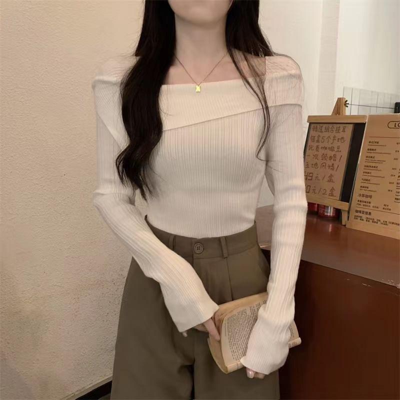 Long Sleeve Square Neck Plain Ribbed Knit Top Product Image