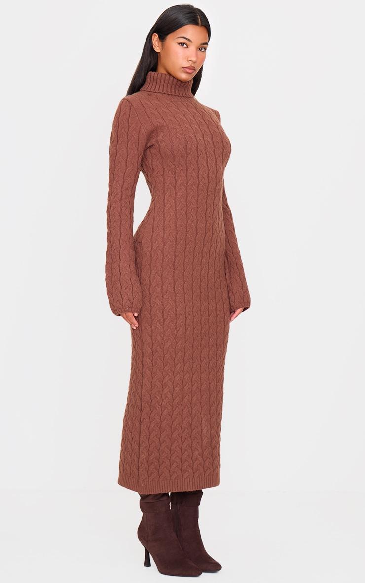 Cappuccino Chunky Cable Knit Roll Neck Maxi Sweater Dress Product Image