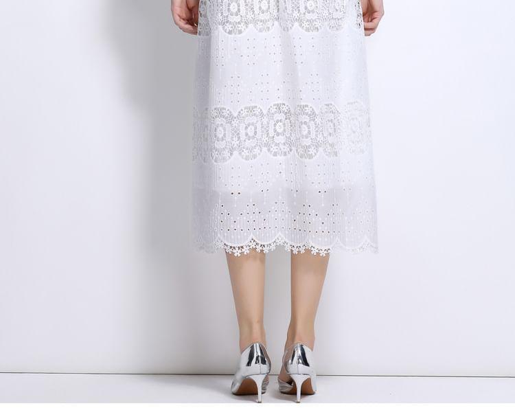 Set: Long Sleeve Stand Collar Plain Button Panel Lace Midi A-Line Dress + Belt Product Image