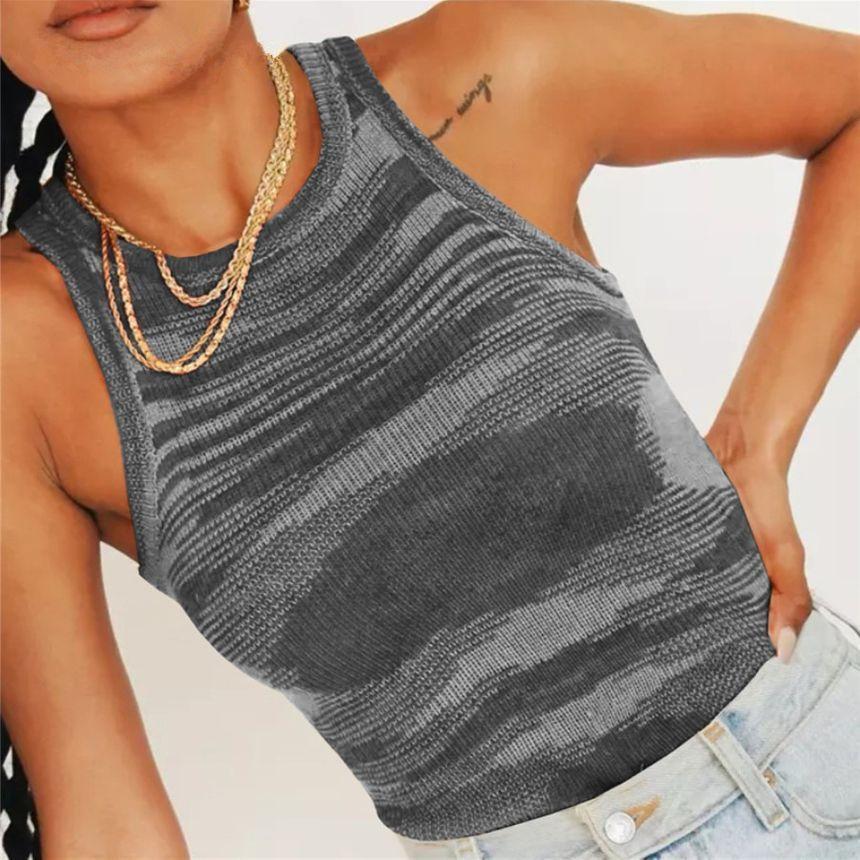 Crew-Neck Two-Tone Knit Crop Tank Top Product Image