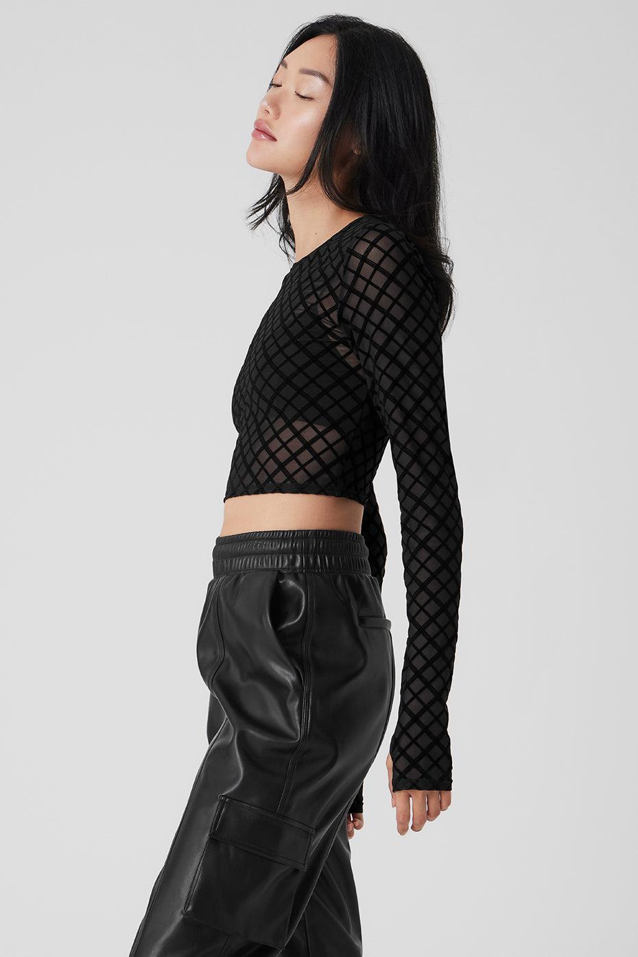 Mesh Plaid Cropped Long Sleeve Top - Black Female Product Image