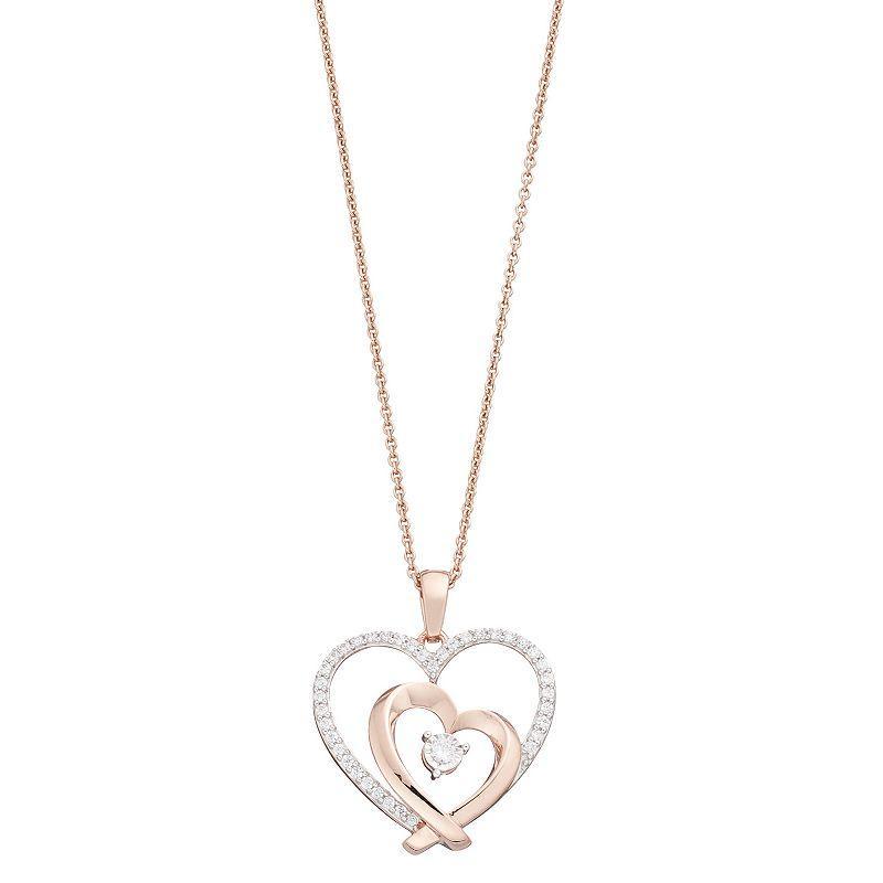 Two Tone Sterling Silver 1/4 Carat T.W. Diamond Double Heart Pendant Necklace, Womens Product Image